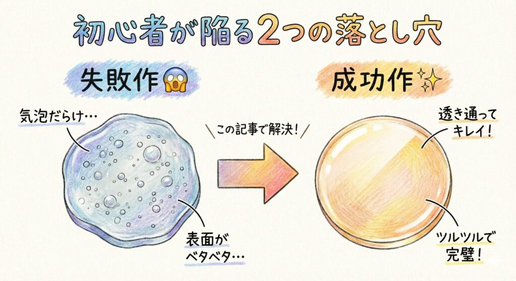 レジン初心者が陥りがちな失敗作（気泡が多く濁っている）と、コツを知った後の成功作（クリアで輝いている）を比較したイラスト。