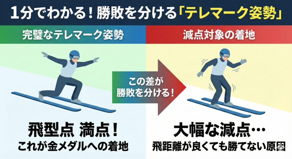 スキージャンプのテレマーク姿勢を解説する図解。左側には加点対象となる美しい着地姿勢、右側には減点対象となる両足が揃った着地姿勢が描かれている。