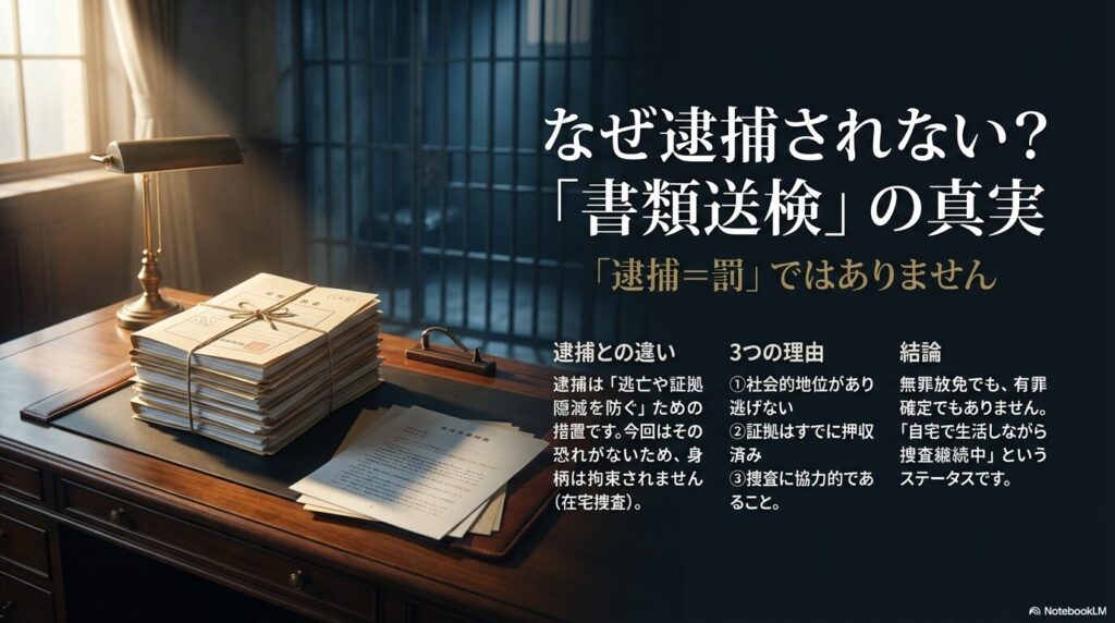 「なぜ逮捕されない？書類送検の真実」と題した解説スライド。逮捕は罰ではなく逃亡や証拠隠滅を防ぐ措置であること、今回は社会的地位や証拠押収済みなどの理由で在宅捜査（書類送検）となったことを表で解説 。
