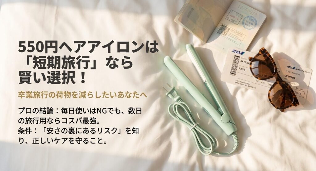 卒業旅行の荷物を減らしたい学生への提案。毎日使いはNGだが、短期旅行用ならコスパ最強であるというプロの結論と、安さのリスクを知る重要性を説いたスライド。