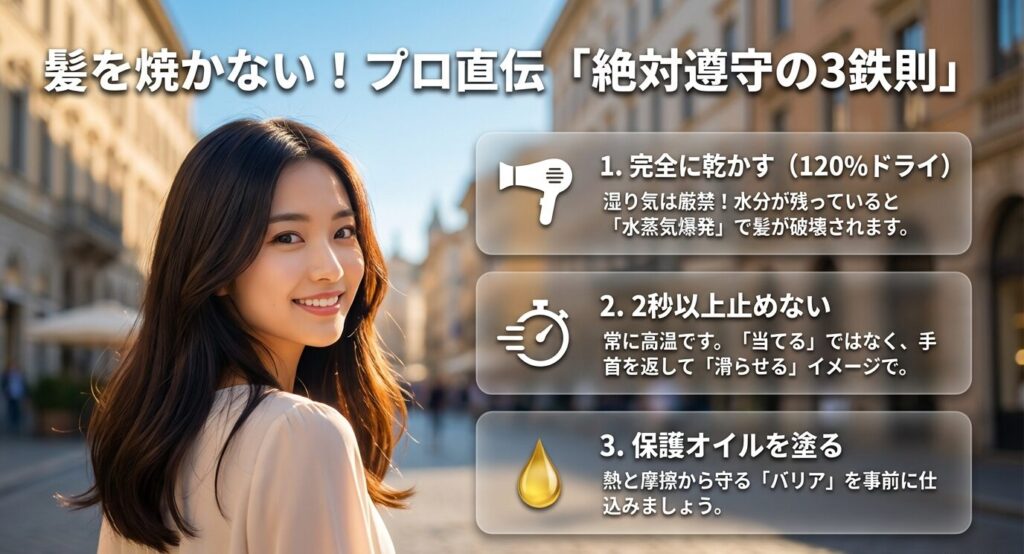 水蒸気爆発を防ぐ完全乾燥、熱変性を防ぐ2秒ルール、摩擦を防ぐ保護オイルの使用という、100均ヘアアイロンを使う上で絶対守るべき3つのルール解説。