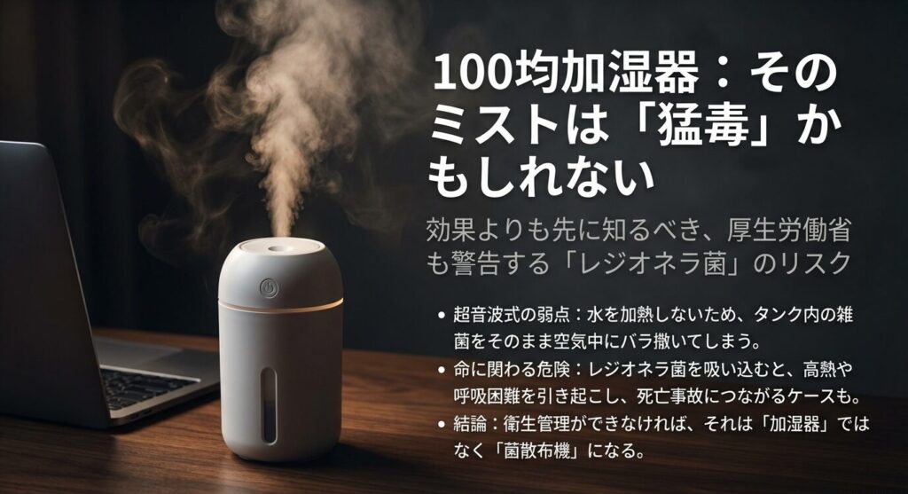 厚生労働省も警告する超音波式加湿器のリスク。水を加熱しないためタンク内の雑菌やレジオネラ菌をそのままミストとして散布してしまう危険性の図解。