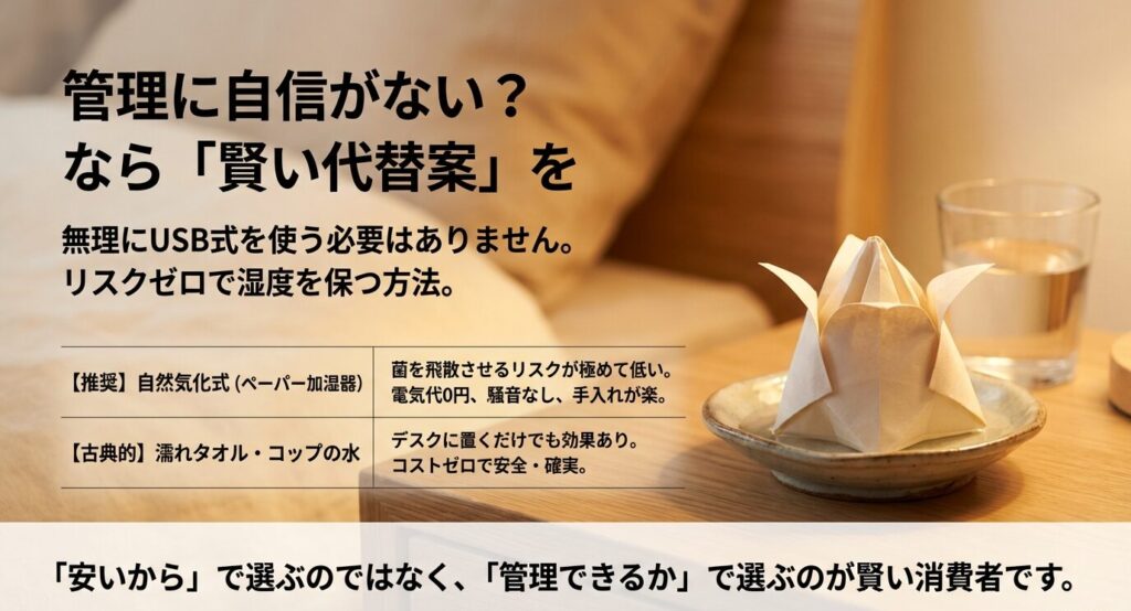 管理に自信がない人におすすめの「自然気化式(ペーパー加湿器)」。菌の飛散リスクが低く、電気代0円で手入れが楽な代替案のメリット解説。
