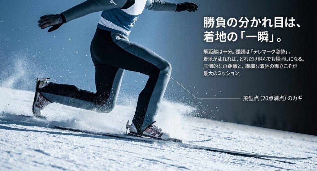 圧倒的な飛距離があっても着地が乱れれば帳消しになるスキージャンプの特性と、20点満点の飛型点を獲得するための「テレマーク姿勢」の重要性 。