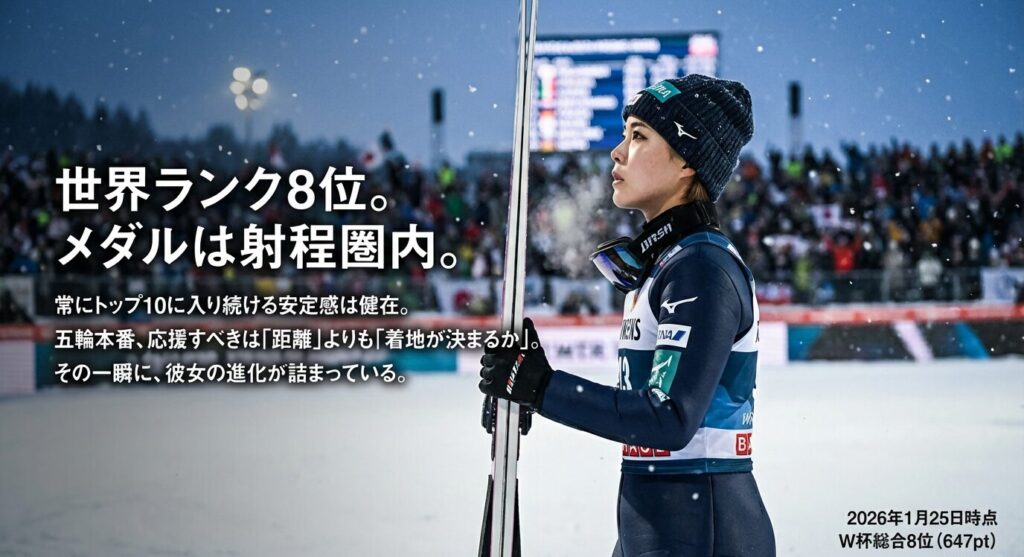 026年1月25日時点でW杯総合8位。常にトップ10に入り続ける安定感があり、五輪本番での着地次第でメダルが狙える位置にいることを示すデータ 。
