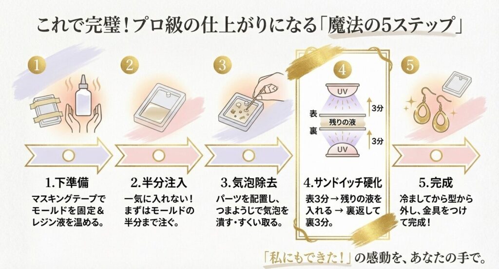 プロ級の仕上がりになる制作工程の図解。下準備、注入、気泡除去、サンドイッチ硬化、完成までの流れを5ステップで解説したフローチャート。