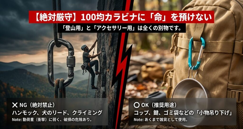 【絶対厳守】100均カラビナはハンモックや犬のリードには使用NG。小物吊り下げ専用であることを解説し、耐荷重の数字を過信しないよう促す安全啓発スライド。