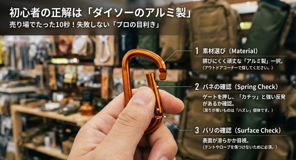 初心者の正解はダイソーのアルミ製。売り場で確認すべき「素材（アルミ）」「バネの反発」「バリの有無」の3つのチェックポイントを図解したプロの目利き術。