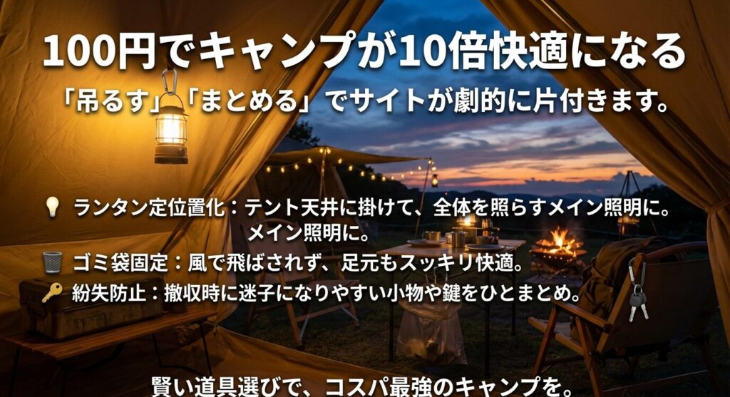 ランタンの定位置化、ゴミ袋の固定、小物の紛失防止など、100円でサイトが劇的に片付く「吊るす」「まとめる」活用テクニックのイラスト解説。