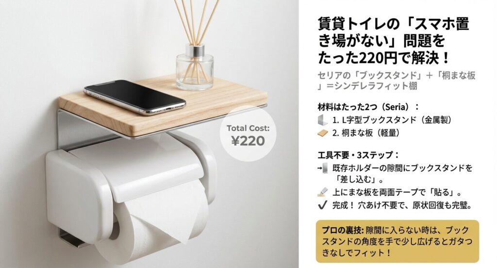 220円で完成する賃貸トイレのスマホ置き場DIY。セリアのL字型ブックスタンドを隙間に差し込み、桐まな板を両面テープで貼るだけの3ステップ図解とプロの裏技。