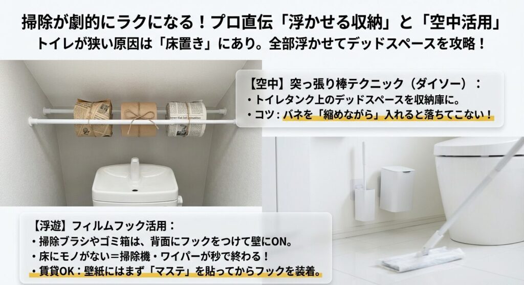 トイレの床置きをなくすプロの収納術。突っ張り棒でタンク上のデッドスペースを活用するコツと、フィルムフックで掃除ブラシやゴミ箱を壁に浮かせる方法のイラスト解説。