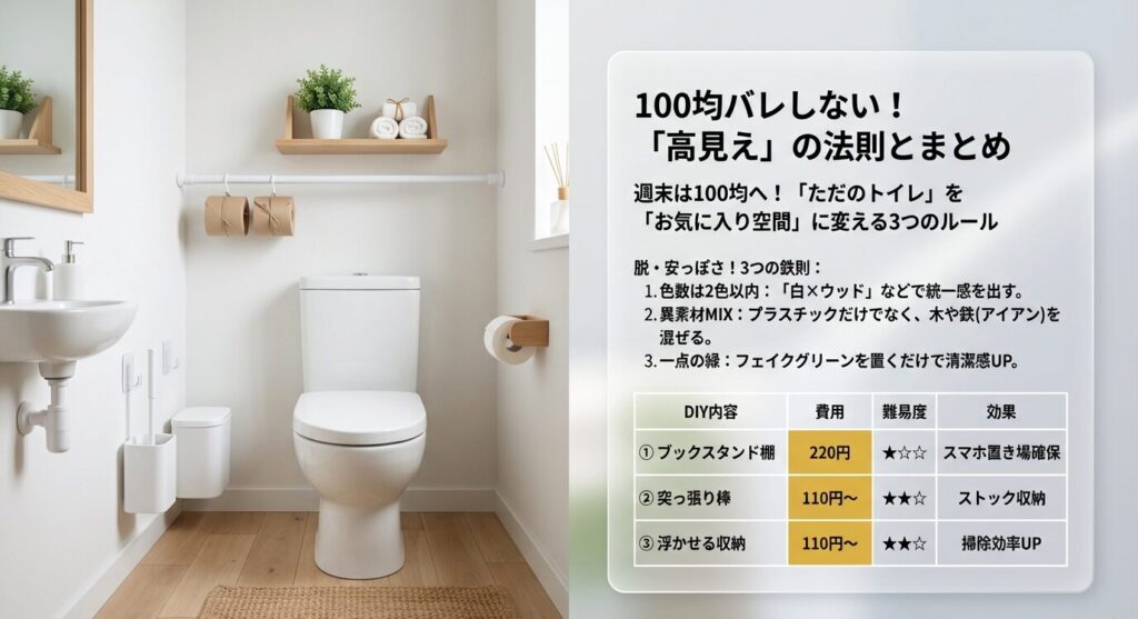 トイレをおしゃれな空間に変える3つのルール（色数2色以内、異素材MIX、一点の緑）と、今回紹介した3つの収納術（ブックスタンド棚、突っ張り棒、浮かせる収納）の難易度・効果比較表。