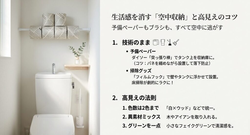 トイレの床置きをなくすプロの収納術。突っ張り棒でタンク上のデッドスペースを活用するコツと、フィルムフックで掃除ブラシやゴミ箱を壁に浮かせる方法のイラスト解説。