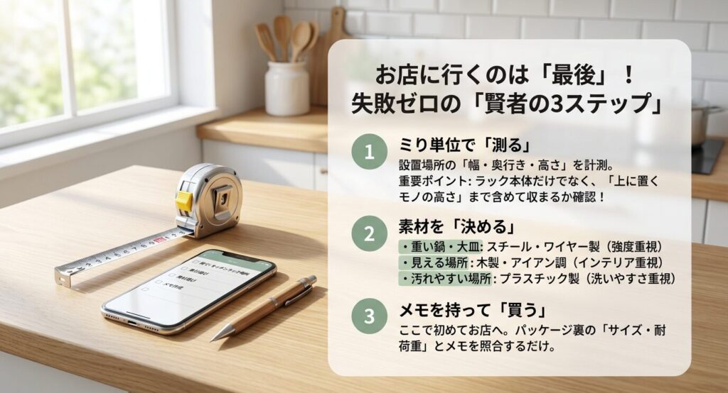 失敗ゼロの賢い購入手順ロードマップ。ミリ単位での計測、素材の決定、メモを持って購入するという、お店に行く前に行うべき3つの準備を図解。