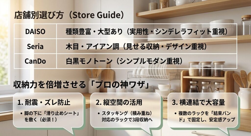 ダイソー・セリア・キャンドゥの店舗別特徴チャートと、滑り止め・スタッキング・結束バンドを使った収納力アップのプロ直伝テクニックまとめ。