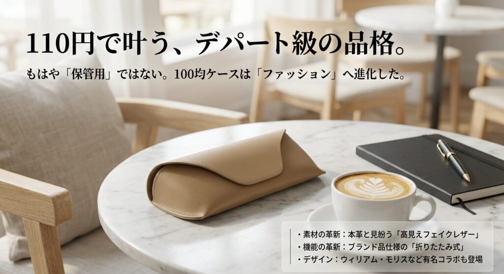 もはやファッションアイテムへと進化した100均メガネケース。本革風のフェイクレザー素材、ブランド品仕様の折りたたみ機能、ウィリアム・モリスなどの有名コラボといった3つの革新ポイント解説。