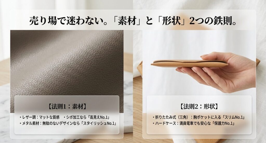 高見えを叶える「素材選び（レザー調・メタル）」と、スリムさを叶える「形状選び（折りたたみ・ハード）」のメリットを整理した、売り場で迷わないための法則チャート。