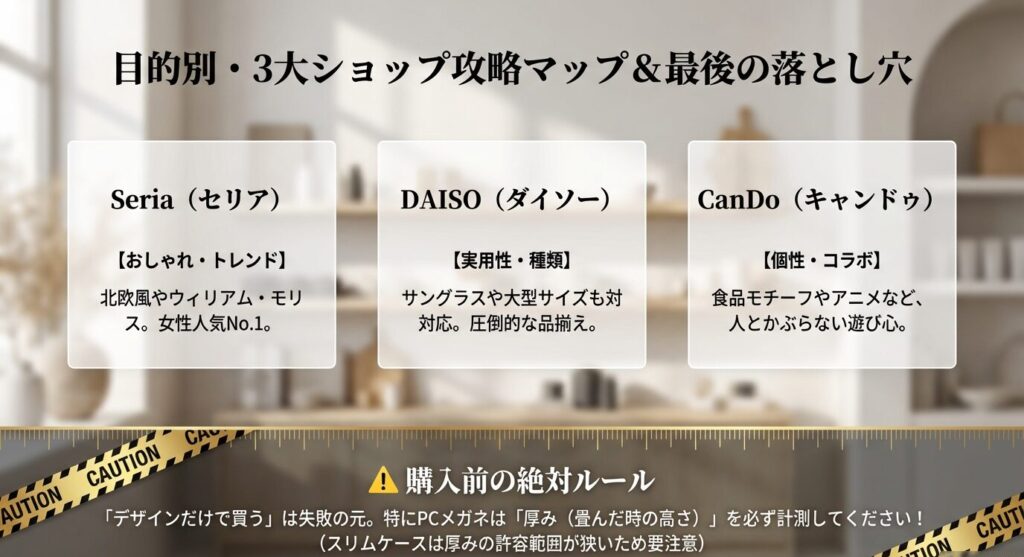 セリア（おしゃれ）、ダイソー（実用性）、キャンドゥ（個性派）の店舗別特徴マップと、購入前にPCメガネの厚みを計測すべきという重要ルールをまとめたガイド。