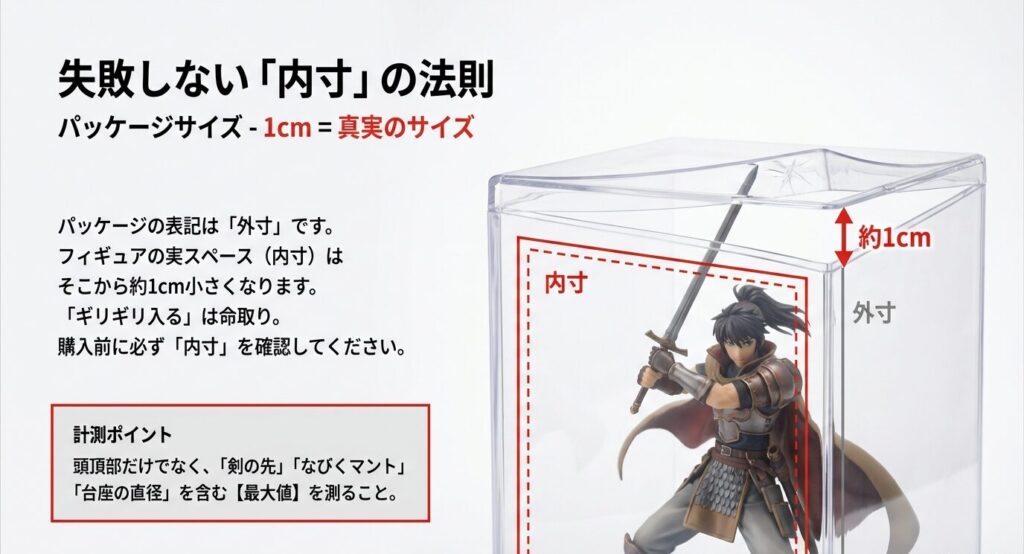 パッケージ表記の「外寸」から約1cm引いたサイズが真実の「内寸」。フィギュアの剣先や台座を含めた最大値を測り、ギリギリ入る失敗を防ぐための計測ルール図解。
