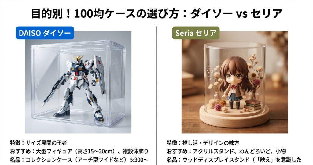 ダイソーは大型フィギュアやコスパ重視のコレクションケースが豊富。セリアはアクリルスタンドや小物など推し活・デザイン重視。目的別のおすすめ100均ケース選び方ガイド。