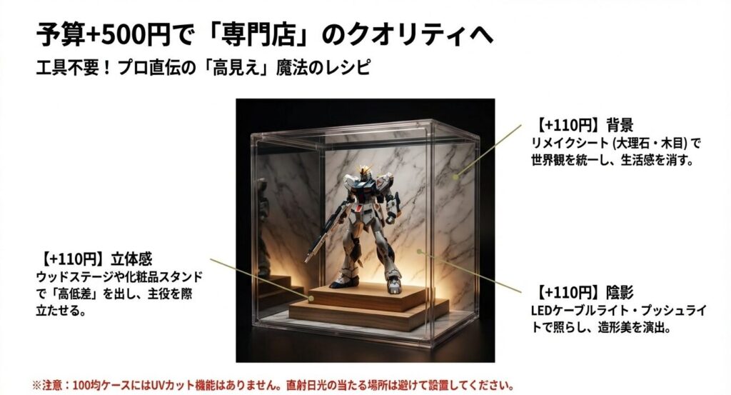 予算+500円で専門店クオリティへ。化粧品スタンドで高低差を出す、リメイクシートで背景を作る、LEDライトで陰影を演出するプロ直伝のディスプレイ魔法のレシピ。