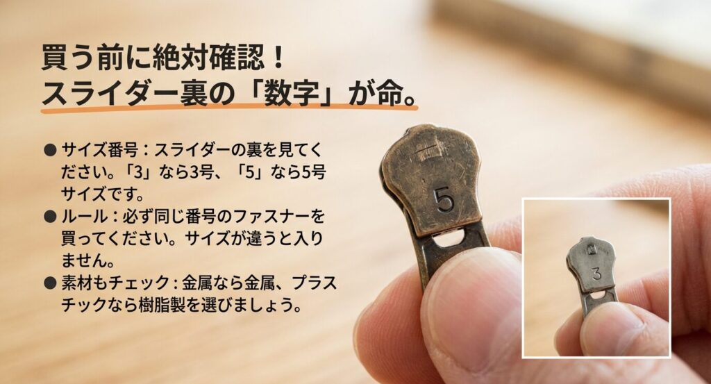 ファスナーのスライダー裏にある数字（3や5）の確認方法。サイズ違いによる購入ミスを防ぐため、同じ番号のファスナーを選ぶ重要性を解説した図。
