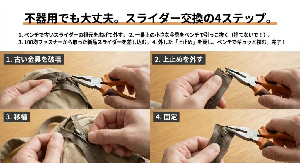 古い金具をペンチで破壊し、上止めを外して、100均の新品スライダーを移植して固定するまでの修理手順を4段階で図解したイラスト。