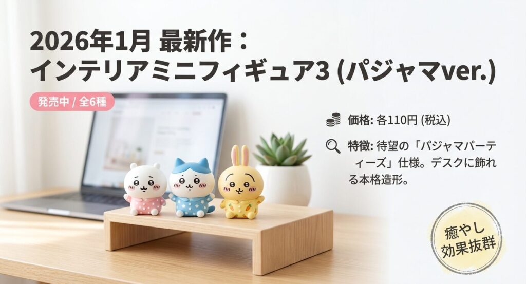 2026年1月発売の新作「ちいかわインテリアミニフィギュア3」。パジャマパーティーズ仕様のちいかわ、ハチワレ、うさぎなど全6種のラインナップと110円という価格を示した紹介スライド。