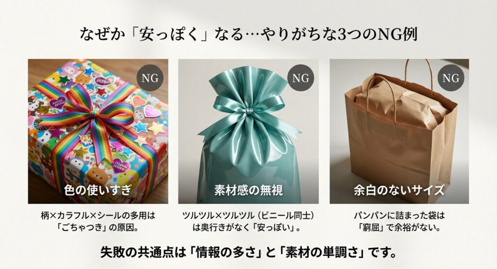色の使いすぎ、素材感の無視、余白のないサイズ選びなど、ラッピングが安っぽく見えてしまう3つの失敗パターンと原因を解説した図解。