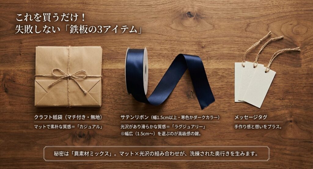 失敗しない最強の組み合わせリスト。マットな質感の「クラフト紙袋」、光沢のある「サテンリボン」、想いを伝える「メッセージタグ」の3点。