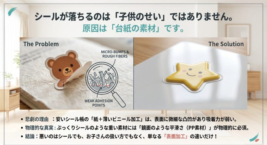 シールが落ちるのは安い台紙の凸凹が原因。ぷっくりシールには平滑なPP素材が必須であることを図解した、シール帳選びの失敗メカニズム。