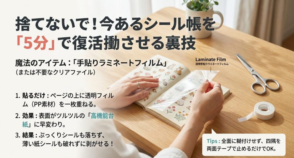 ダイソーの手貼りラミネートフィルムやクリアファイルを貼るだけで、使いにくいシール帳が高機能台紙に変わる5分間リメイクの手順図解。