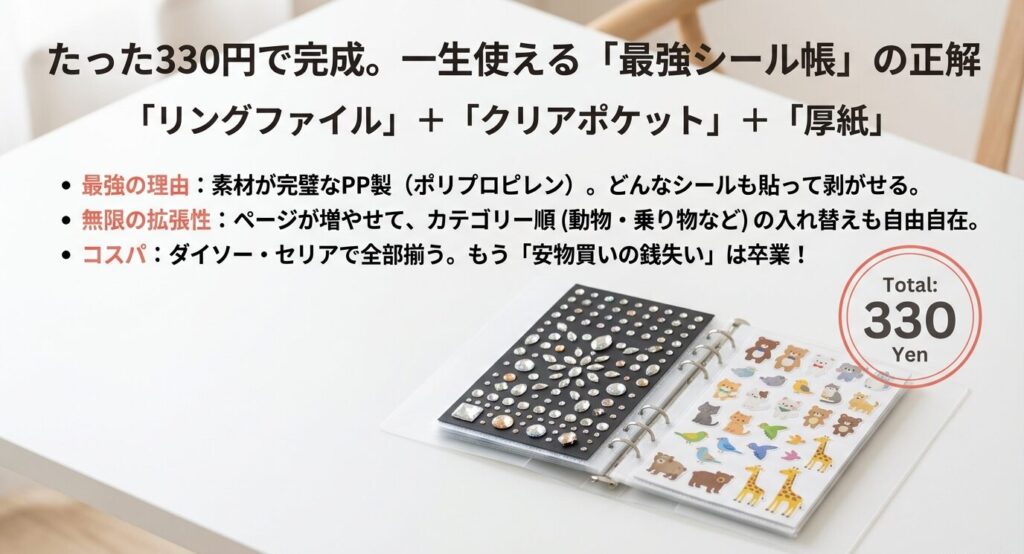 リングファイル、クリアポケット、厚紙の3点で作る自作シール帳のレシピ。PP素材で貼って剥がせて、ページも無限に増やせる最強の仕組みを解説。