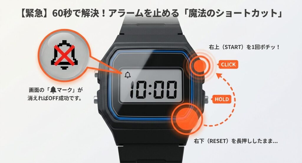 100均デジタル時計のアラーム音を止める応急処置。右下(RESET)ボタンを押しながら右上(START)ボタンを押して、液晶のベルマークを消す手順の図解。