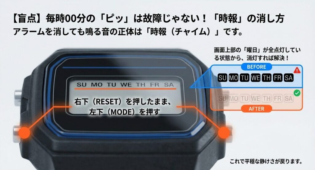 100均時計の時報(毎時のピッ音)を消す方法。右下(RESET)ボタンを押しながら左下(MODE)ボタンを押し、画面上部の曜日全点灯を消す手順の図解。