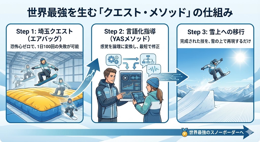 埼玉クエストでのエアバッグ練習から、佐藤コーチの言語化指導を経て、雪上での成功に至るまでの3ステップを描いたフロー図。