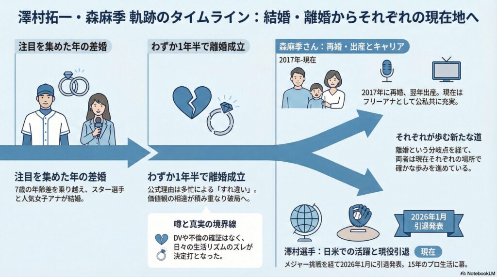 澤村拓一と森麻季の結婚から離婚、現在の状況をまとめた時系列の図解
