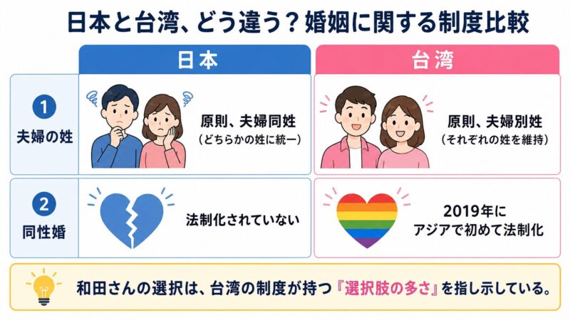 日本と台湾の婚姻制度を比較する図解。日本では夫婦同姓が原則で同性婚は認められていないのに対し、台湾では夫婦別姓が原則で同性婚が認められていることを示している。