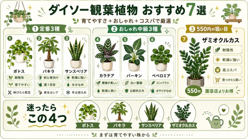 初心者におすすめ｜枯れにくいダイソー観葉植物7選